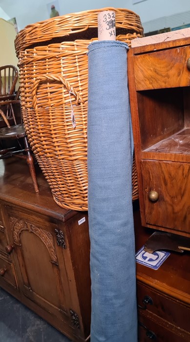 Large wicker Ali Baba laundry basket, a good length of blue upholstery/curtain material and a box of - Image 2 of 7