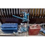 Blue concertina toolbox containing collection of spanners, screwdrivers, socket set, bench clamp,
