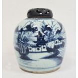 Chinese blue and white ginger jar, ovoid and painted in underglaze blue with lakeside landscape