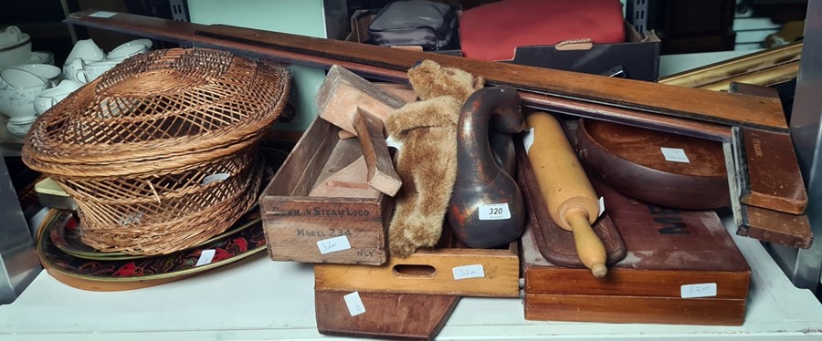 Large quantity of treen to include rolling pin, wooden bowl, carved duck, cutlery tray, mallet,