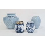 Wedgwood Interiors earthenware blue glazed vase, transfer printed with leaves and flowerheads,