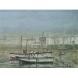 Roderick Lovesey (20th century school) Oil on canvas Harbour fishing boat scene at low tide,
