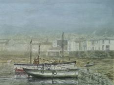 Roderick Lovesey (20th century school) Oil on canvas Harbour fishing boat scene at low tide,