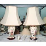 Pair of Chinese-style patterned octagonal ceramic table lamps and shades from BHS (2)