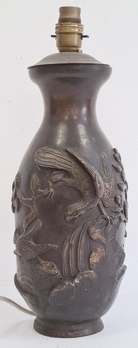 Japanese bronze vase adapted as a lamp base, decorated with birds perched on rockwork amongst