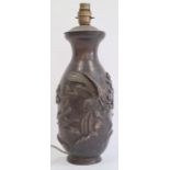 Japanese bronze vase adapted as a lamp base, decorated with birds perched on rockwork amongst