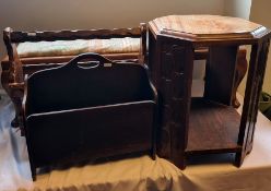 Two magazine racks, a long footstool and a hardwood coffee table (4)