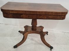 Late Regency mahogany and rosewood crossbanded tea table, the rectangular top with rounded corners