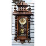 20th century mahogany wall Vienna regulator-style clock with brass and enamel-effect dial, Roman