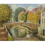 S A Qurt (20th century school) Oil on canvas Town with canal and swans, signed lower left, 51cm x