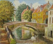 S A Qurt (20th century school) Oil on canvas Town with canal and swans, signed lower left, 51cm x