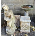 Reconstituted stone items including cast figure of a lady, circular birdbath, etc