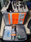 Two Inchcape cased car cleaning kits in canvas holdalls and a Garox emergency kit including high-viz