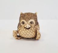 Japanese carved ivory netsuke in the form of an owl on branch, 3.5cm high
