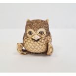 Japanese carved ivory netsuke in the form of an owl on branch, 3.5cm high