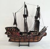 Model three-mast ship on stand, 51cm high