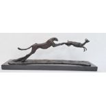 Bronze sculpture of leopard and antelope by Bruce Little (XX-XXI), on granite base, 23cm high x 66cm