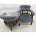 Victorian conversation chair, the two opposing seats in blue buttonback upholstery, turned