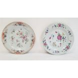 Two 18th century Chinese porcelain plates, floral decorated in famille rose colours (one with