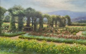 Joseph Farquharson (1846-1935) Oil on canvas Rose garden with a rose arbour and mountains in the