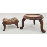 Mahogany low jardiniere stand, circular and turned on three scroll supports and a small stool with