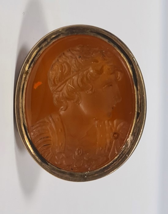 Georgian gold-coloured fob seal set oval cornelian intaglio carved with Roman centurion's head, - Image 2 of 2
