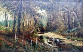 Desvarreux(?) Oil on canvas  Woodland river scene with pair of herons, signed lower right and