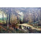 Desvarreux(?) Oil on canvas  Woodland river scene with pair of herons, signed lower right and