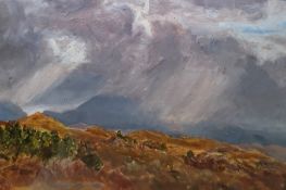 Unattributed Oil on canvas Moorland landscape under a stormy sky 22cm x 31cm