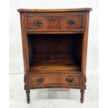 Pair of modern mahogany banded bedside tables with concave fronts, single drawer above open recess
