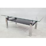 20th century glass-topped coffee table on chrome supports, smoked glass undertier, 120cm x 60cm