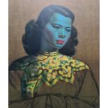 After Tretchikoff Colour print Head and shoulders portrait of a young girl in blue and yellow,