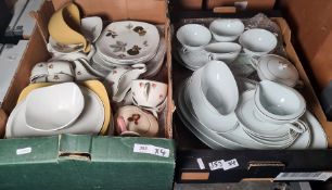 Two boxes of mixed glassware including lampshades and two boxes of assorted china with part Noritake