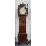 19th century mahogany longcase clock, arched hood enclosing circular dial (13" diameter), with brass