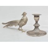 Pair of white metal model pheasants and silver plated candle sticks of oval form (4) Condition