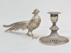 Pair of white metal model pheasants and silver plated candle sticks of oval form (4) Condition