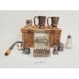 Fortnum & Mason wicker hamper, plated flatware, tankards, etc