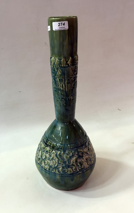 Aw Eng Kwang pottery studio bottle vase, green glazed, Oriental town scene relief to bottle neck,