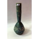 Aw Eng Kwang pottery studio bottle vase, green glazed, Oriental town scene relief to bottle neck,
