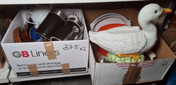 Two boxes of kitchen ceramics including storage jars, flan dishes, casseroles and large white duck-