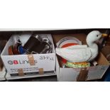 Two boxes of kitchen ceramics including storage jars, flan dishes, casseroles and large white duck-