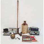 Stoneware tankard, a silver-topped walking cane, a Vibroplex, various manuals, an anchor and other