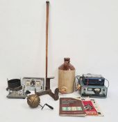 Stoneware tankard, a silver-topped walking cane, a Vibroplex, various manuals, an anchor and other