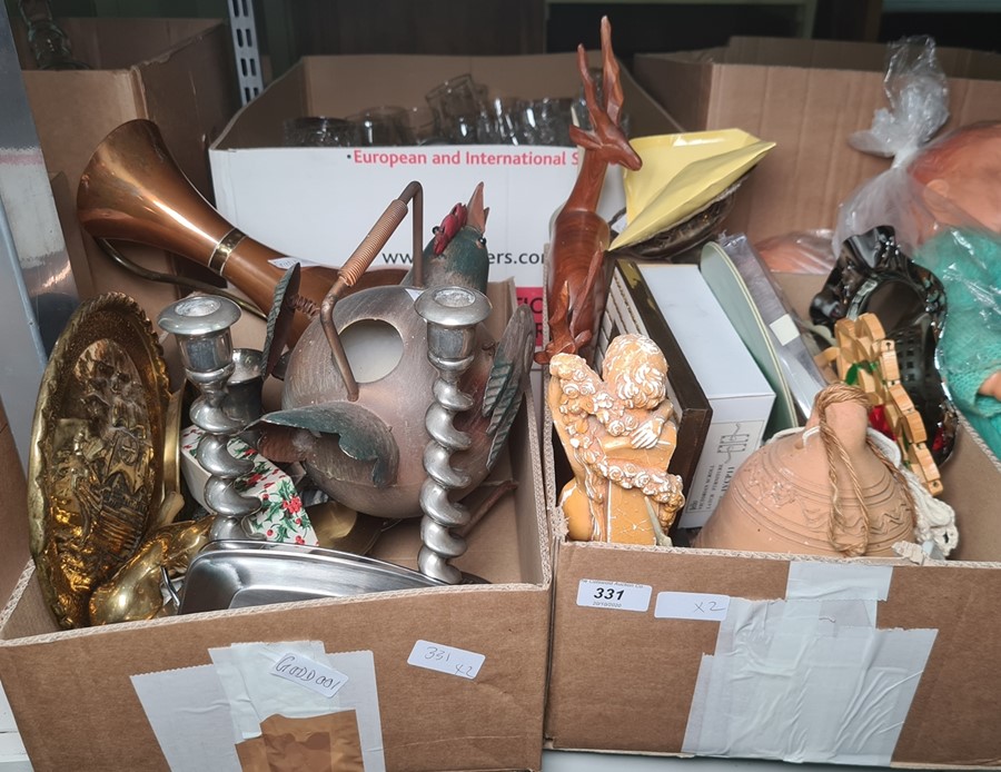 Assorted collectables to include a chicken watering can, copper jug, brass fox, etc (2 boxes)