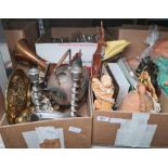 Assorted collectables to include a chicken watering can, copper jug, brass fox, etc (2 boxes)