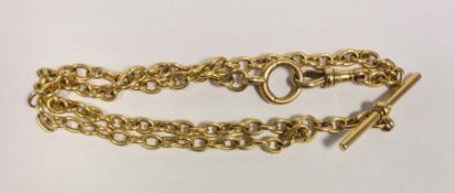 18ct gold albert as a necklace, with pendant bar, oval link pattern, 46cm long, 44.5g approx