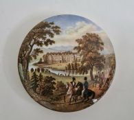 Pot lid decorated with gentleman on horseback with manor country scene to background, labelled '