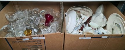 Box of mixed ceramics including teapots and a hen-shaped egg storer and a box of mixed glass