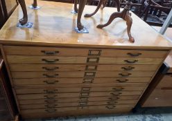 ******** WITHDRAWN ********** Vintage plan chest of 10 drawers to plinth base, 123.5cm x