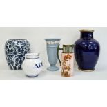 20th century royal blue glazed pottery vase with plated rim and base, a Wedgwood blue and white